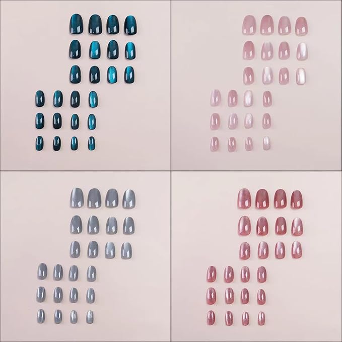 4 Packs (96 Pcs) Short Almond Press on Nails - Mix Color, Glitter Fake Nails, Oval Glue on Nails, Gel False Nails for Women, Stick on Kit 12 Sizes-4 Styles