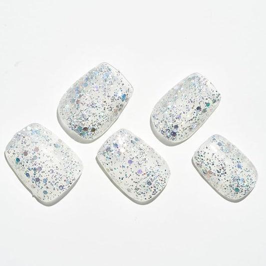 GLAMERMAID Press on Nails Extra Short Square, Spring Summer Handmade Glitter Silver Gel Glue on Nails, Glossy Fake Nails Reusable Acrylic False Nails Manicure Kits for Women