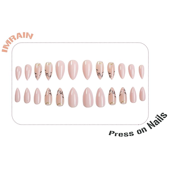 IMRAIN Almond Press on Nails Medium Fake Nails Nude Glossy False Nails Full Cover Glue on Nails with Black Leaf Designs Acrylic Nail Supplies Artificial Stick on Nails for Women 24Pcs