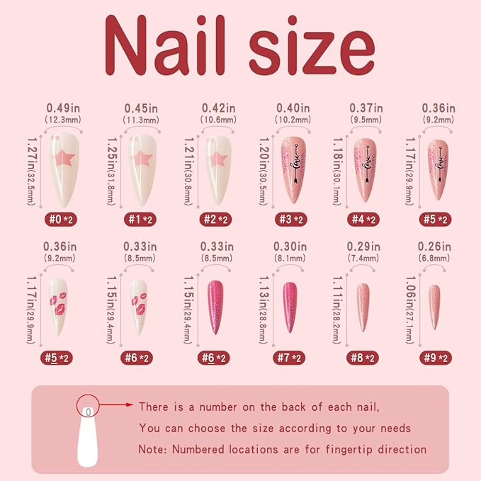 Yivaiks Pink Stiletto Press on Nails Extra Long Fake Nails With Designs Valentines Day Full Cover Artificial Nail Sharp Pointed Glue on Nails Acrylic Stick on False Nail Tips for Women