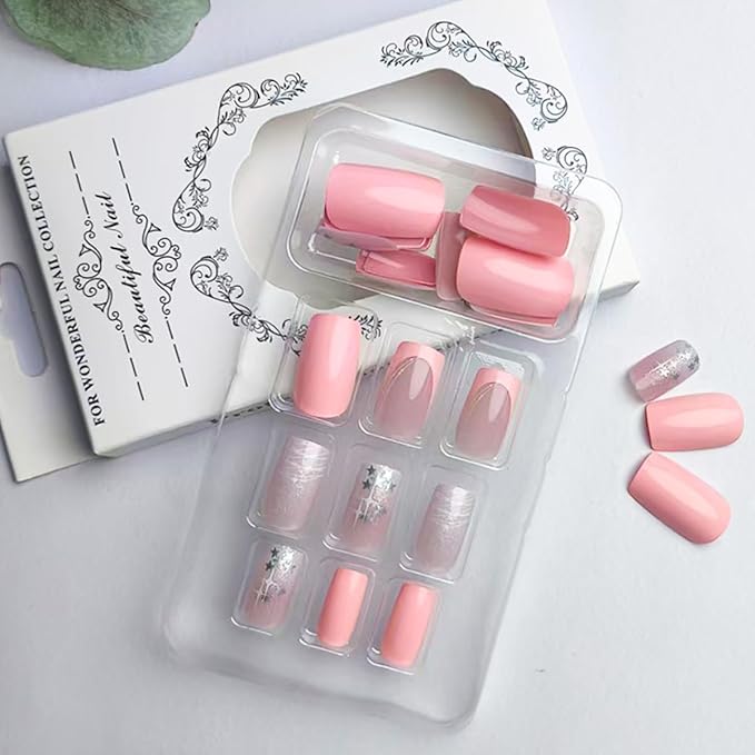 French Tip Press on Nails Medium Square Fake Nails Pink Glue on Nails with Star Lines Nail Art Decor Silver Star False Nails Reusable Artificial Acrylic Nails for Women Girls 24pcs