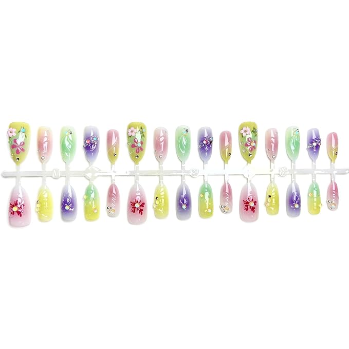 30Pcs Colorful Flower Press on Nails Medium Almond Fake Nails with Rhinestones Design 3D Carved Floral Flash Pearl False Nails French Nail Tips Ins Blush Gradient Full Cover Artificial Nails for Women