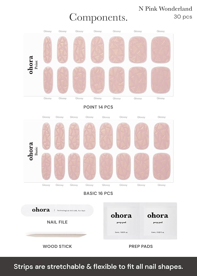 ohora Semi Cured Gel Nail Strips (N Pink Wonderland) - Pink, Solid, Works with Any UV/LED Lamps, Salon-Quality, Long Lasting, Easy to Apply & Remove - Includes 2 Prep Pads, Nail File & Wooden Stick