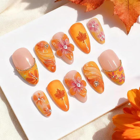 Fall Press on Nails Long Almond Fake Nails with Floral Diamante Gradient Design Stick on Nail for Women 24pcs