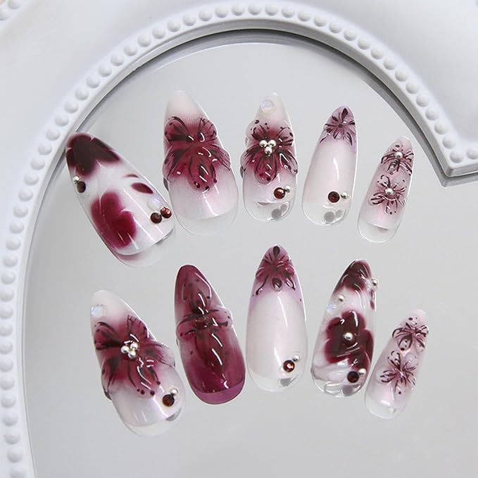 Summer Flower Press on Nails Medium Almond Fake Nails with Rhinestones Designs Full Cover Glue on Nails Artificial 3D Nails Press ons Red Acrylic Nails Reusable Handmade False Nails for Women 24Pcs