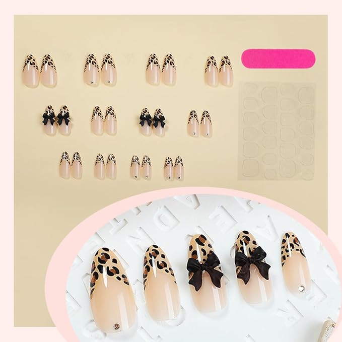 24Pcs French Tip Press on Nails with Bow Charms Medium Fake Nails Leopard Nails Press ons Black Bow Acrylic False Nail Almond Shape French Stick Glue on Nails for Women Daily Wear