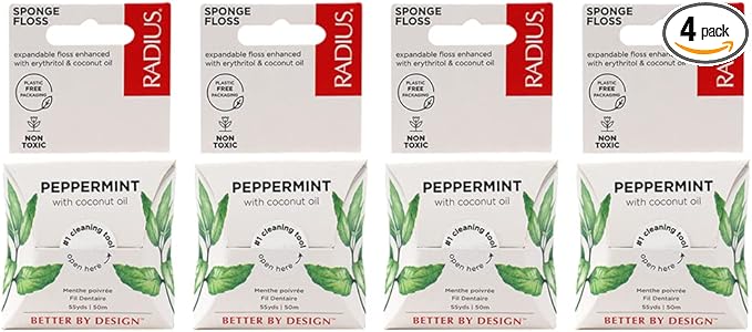 Radius Peppermint Dental Floss 55 Yards Vegan & Non-Toxic Oral Care Boost & Designed to Help Fight Plaque Clear - Pack of 4