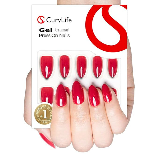Curvlife Press on Nail, Gel Nail Tips, Red Almond Style Full Cover Design Reusable Fake Nails Kit with Glue and Adhesive Tabs
