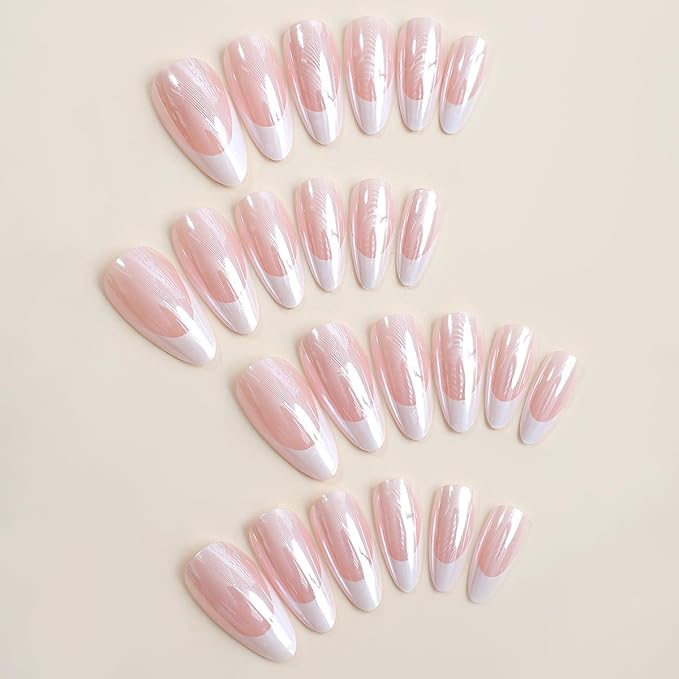 Chrome White French Tip Press On Nails Short Almond, Medium Fake Nails French Nails Press ons Acrylic Nails Glue on Nails Medium, Natural Short Almond Nails False Nails for Women in 12 Sizes 24 Pcs