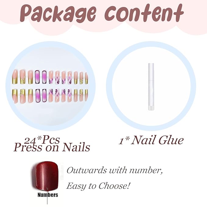 BABALAL Long Press on Acrylic Nails Square Fake Nails Purple Ombre Lavender French Tip Glue on Gold Chrome 3D Design 24Pcs Squoval Handmade Diy Full Cover Nails for Women Girls