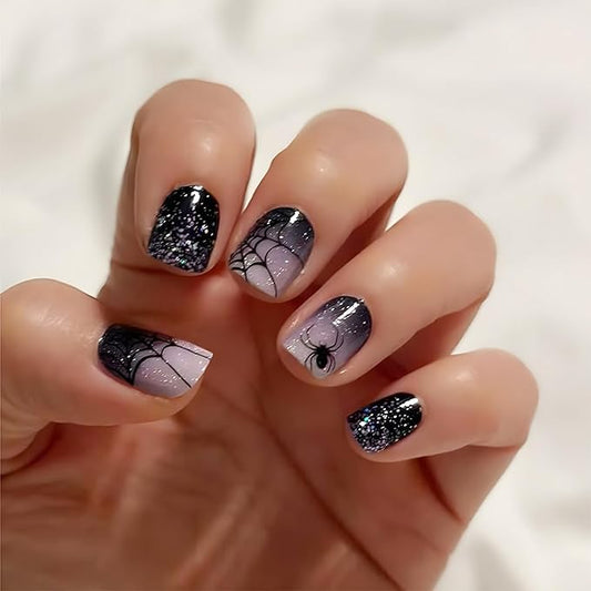 24Pcs Halloween Press on Nails Short Square Fake Nails Spider Press ons Glitter Black Gradient Acrylic Nails Halloween False Nails Spider Web Glue on Nails Spider Nails Holiday Goth Artificial Nails