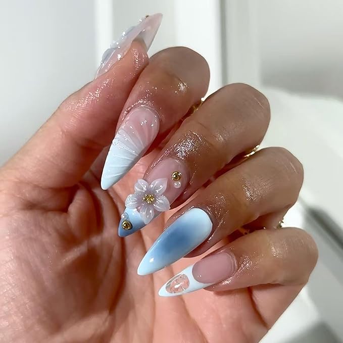 Blue French Tip Press on Nails Medium Almond Fake Nails with 3D Flower Designs Blue Gradient Acrylic False Nails Summer Glue on Nail Reusable Full Cover Stick on Nail for Women 24Pcs