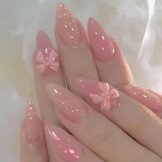 Hkanlre Pink Press on Nails Medium Bow Fake Nails Tips Full Cover Almond False Cute Nails for Women and Girls 24PCS