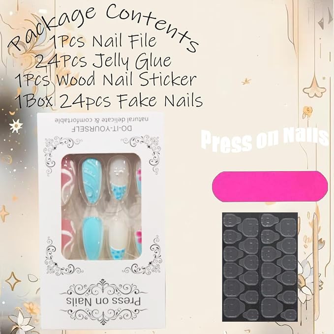 24Pcs Autumn Press on Nails Medium Almond Fake Nails with Ripple Rhinestones Design Cute Flower False Nails Full Cover Handmade Acrylic Nail Reusable French Tip Glue on Nail for Women Manicure Decor
