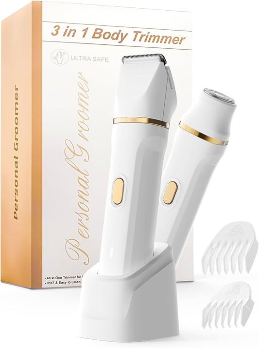 Upgraded Bikini Trimmer for Women, Dermave Bikini Shaver [2in1 & Painless] Electric Face Razors/Shaver, [Waterproof] Pubic Body Hair Trimmer, Replaceable Ceramic Blade, Charge Dock, Gifts for Women