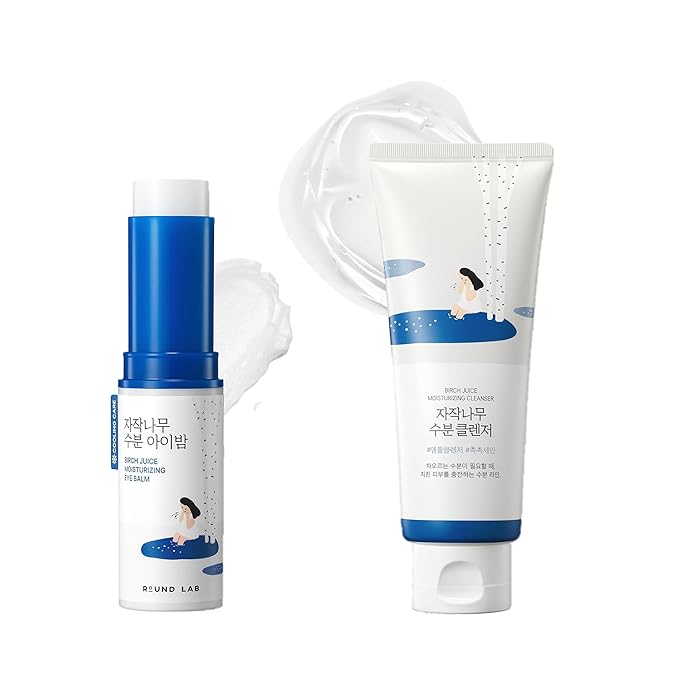 ROUND LAB Birch Juice Moisturizing Glow Eye Balm Stick + Birch Juice Moisturizing Cleanser, Hydrating Multi Balm, soothing, Low pH, Gel Type Cleanser, Korean Skincare