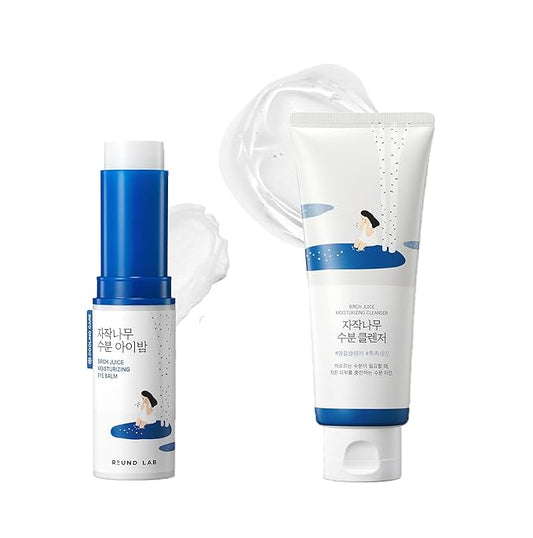 ROUND LAB Birch Juice Moisturizing Glow Eye Balm Stick + Birch Juice Moisturizing Cleanser, Hydrating Multi Balm, soothing, Low pH, Gel Type Cleanser, Korean Skincare