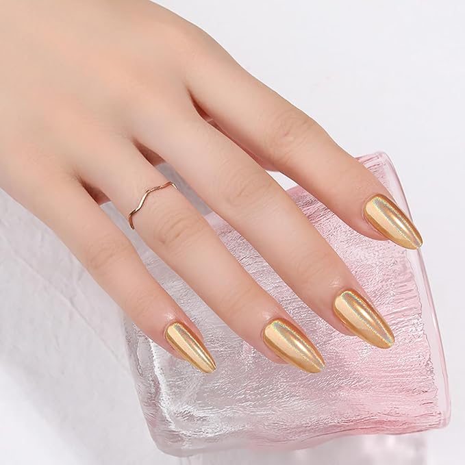 24Pcs Gold Holographic Acrylic Press on Nails Short Almond - Reusable Fake Nails with Nail Glue Kit, Long Lasting Chameleon Static Nails for Women Daily Wear & Parties (Glossy Laser Design)