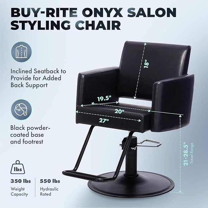 Buy-Rite Onyx Salon Styling Chair - Modern Black Hair Stylist Chair with Open Back, Inclined Seat, Rounded Arms, Premium Vinyl Upholstery, Durable Steel Frame & Footrest - NIN-6610