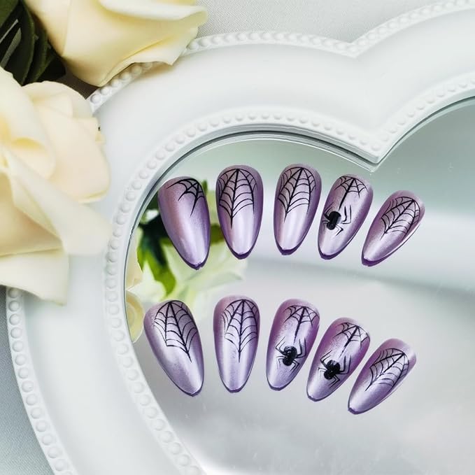 24Pcs Halloween Press on Nails Medium Almond Fake Nails with Spider Design Pink False Nail Shiny Glossy Glue on Nail Spider Web Full Cover Stick on Nails for Women Halloween Party Nail Supplies