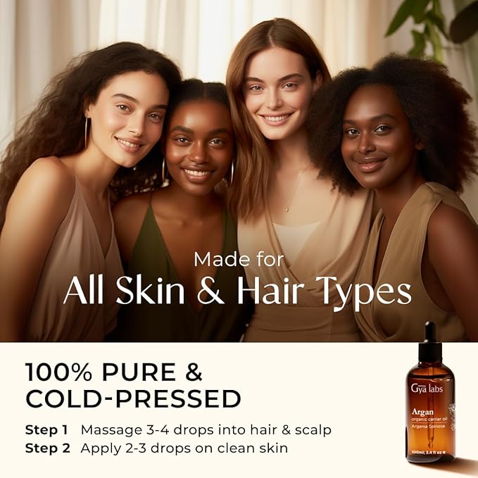 Gya Labs Organic Argan Oil for Hair - 100% Pure Natural Cold-Pressed Moroccan Argan Carrier Oil for Skin, Face, Nail, Lotions, Soaps & Conditioners (3.4 Fl Oz) - Soothing & Moisturizing