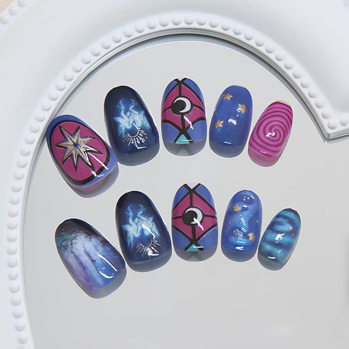 24Pcs Halloween Press on Nails Short Almond Fake Nails Star False Nails with Ghost 3D Y2k Gilding Moon Design Glitter Purple Vortex Glue on Nails Full Cover Artificial Stick on Nail for Women DIY