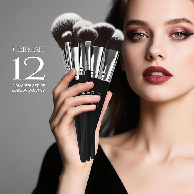 Makeup Brushes Set 12 Piece Professional & Beginner Friendly, Soft Synthetic Bristles for Face Eyeshadow Blending, Easy to Clean Travel Ready with Case, Ergonomic Wooden Handle (Dark Black)