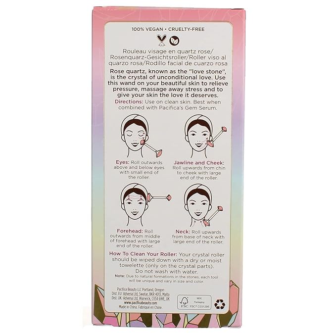Pacifica Rose Quartz Facial Roller Massager – Crystal Gua Sha Skincare Tool for Face, Eyes & Neck – Cooling Stone Face Massager for Wrinkles, Fine Lines, Puffiness – Self Care Beauty Gift