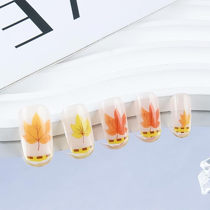 Maple Leaf Press on Nails 24Pcs Glossy Yellow Grid French Tip Acrylic Fake Nail Thanksgiving Medium Square False Nails Fall Leaves Stick on Fingernails Autumn Gel Glue on Nail for Coquette Women Girls