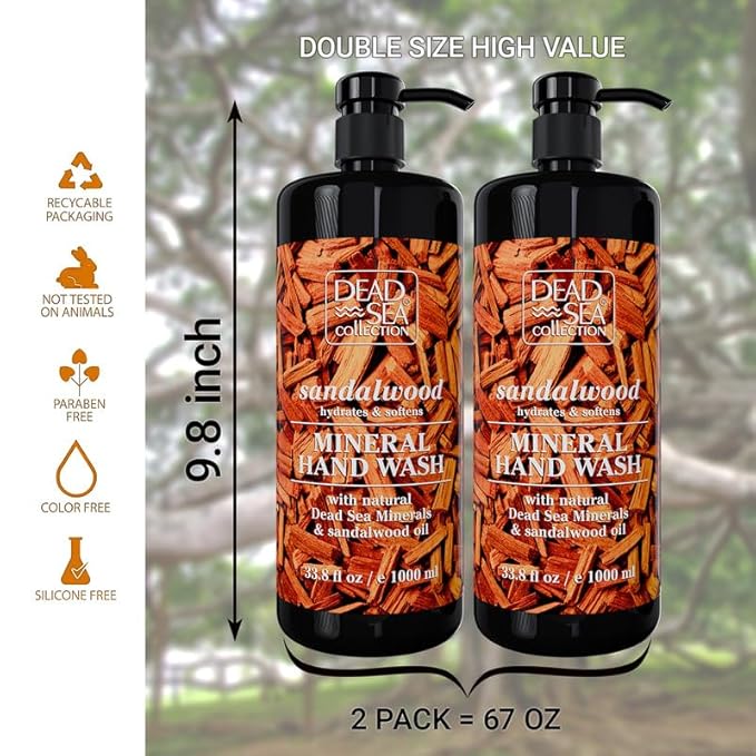 Hand Soap Pump Sandalwood - Moisturizing Hand Wash Liquid with Dead Sea Minerals and Sandalwood Oil - Hydrates and Softens - Dead Sea Collection - Pack of 2 (33.8 Fl Oz Each) - 67.6 Fl Oz Total