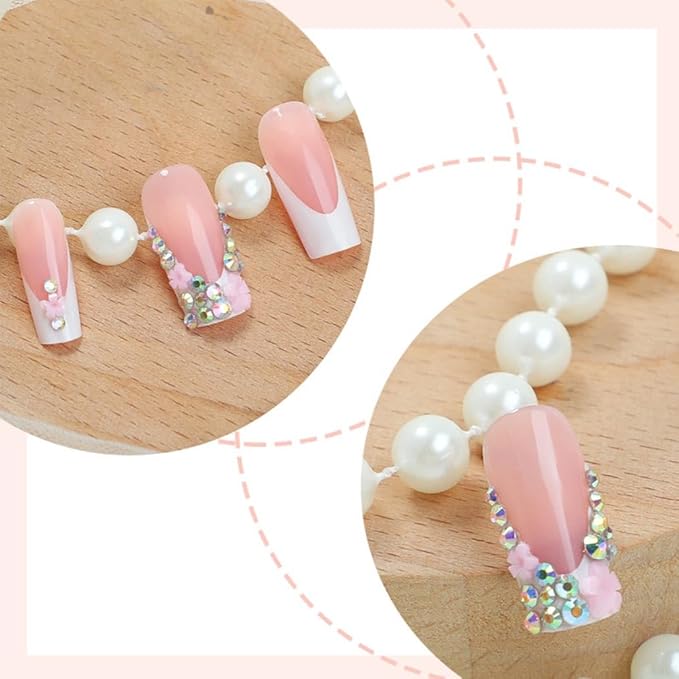 Press on Nails Pink French Fake Nails Medium Rhinestone Square Bling White Nails Glossy False Nail Tips Artificial Nails Luxury Finger Manicure for Women and Girls,24pcs (Square Nails 3)
