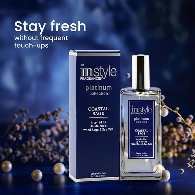 Instyle Fragrances, Platinum Collection, Coastal Sage, Inspired by Jo Malone’s Wood Sage & Sea Salt, Unisex Eau de Parfum, CLEAN, Vegan, Paraben-Free, Never Tested on Animals, 3.4 Fluid Ounces