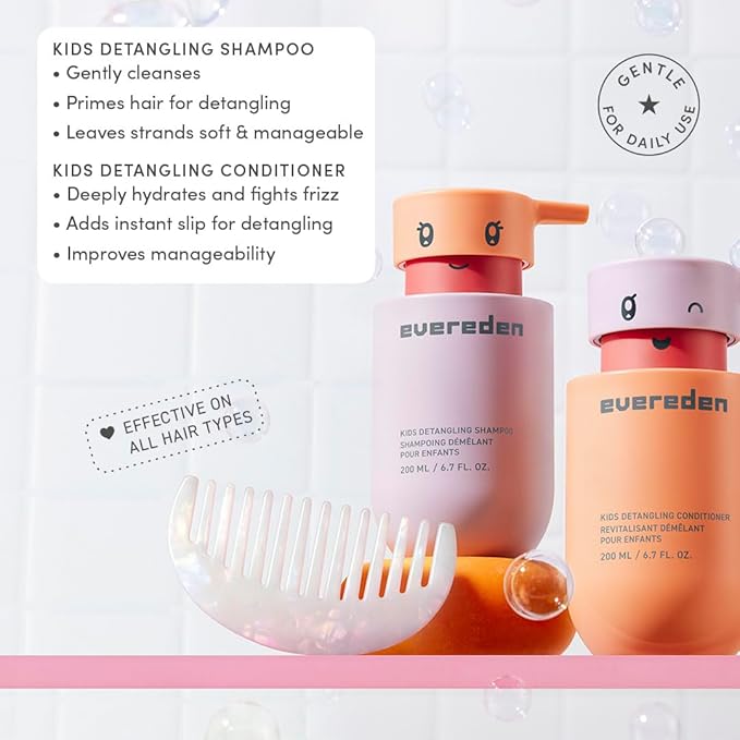 Evereden Happy Hair Duo for Kids: Vegan Shampoo and Conditioner Set with Detangler Brush - Strengthens & Smooths All Hair Types