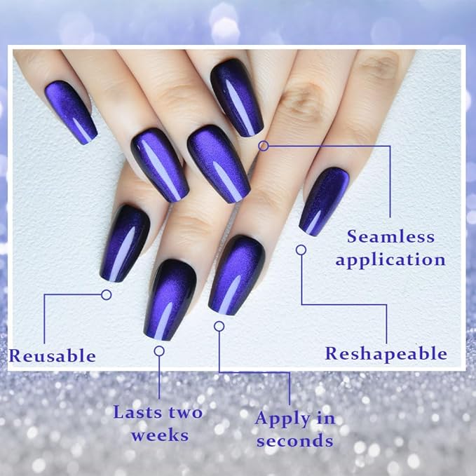 evpct Royal Blue Cat Eye Coffin Press on Nails Square Medium, Medium Square Glue on Nail for Women Gift, Royal Blue Metallic Glitter Glossy Reusable Soft Gel Press on Acrylic Fake Nails with Designs