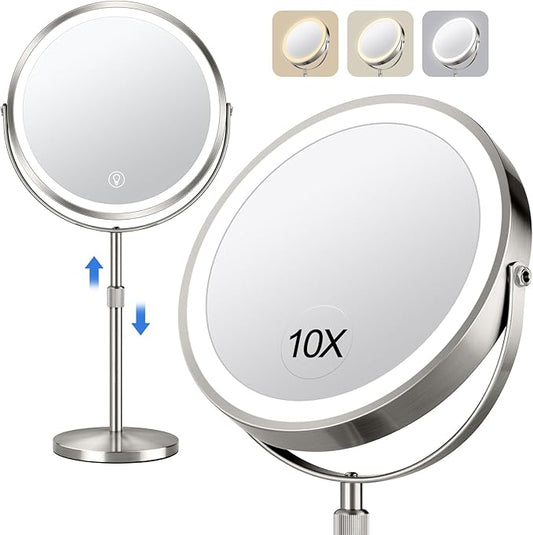 10x Large Lighted Makeup Mirror, Rechargeable 8" Height Adjustable Vanity Mirror, 1x/10x Magnifying Mirror with 3 Color, Brightness Adjustable, 360° Rotation Double Sided Mirror, Gift for Her(Nickel)