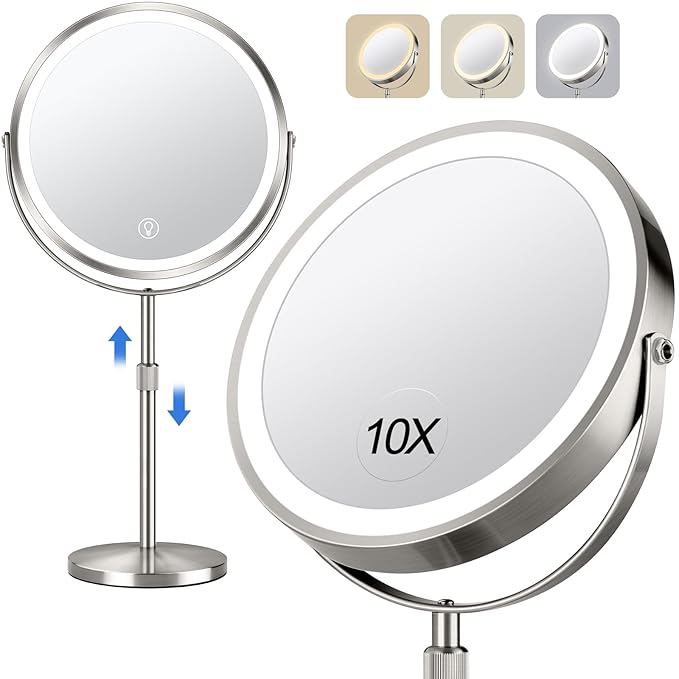 10x Large Lighted Makeup Mirror, Rechargeable 8" Height Adjustable Vanity Mirror, 1x/10x Magnifying Mirror with 3 Color, Brightness Adjustable, 360° Rotation Double Sided Mirror, Gift for Her(Nickel)