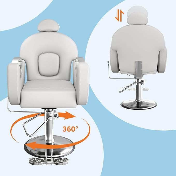 Barber Salon Chair, Reclining Salon Chair with Heavy Duty Hydraulic Pump, 360° Swivel and Height Adjustable, 330 LBS Capacity Spa Beauty Equipment Hairdresser Armchair for Barbershop- Grey & Silver