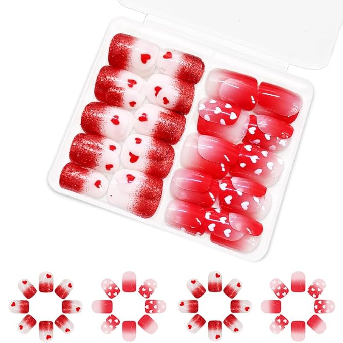 2 Packs 48Pcs Press on Short Square Fake Nails - Valentine's Day Acrylic Red Glitter Ombre Glue on Kid Heart Love False Stick on Decoration for Women Girls