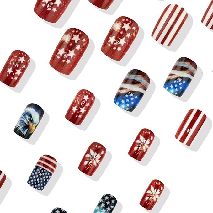Independence Day Press on Nails Short Square Fake Nails with Flag Eagle Fireworks Stripe Design Full Cover Glue on Nails Red Blue Glossy Acrylic Nails for Women Girl 4th of July Nails Decoration 24Pcs