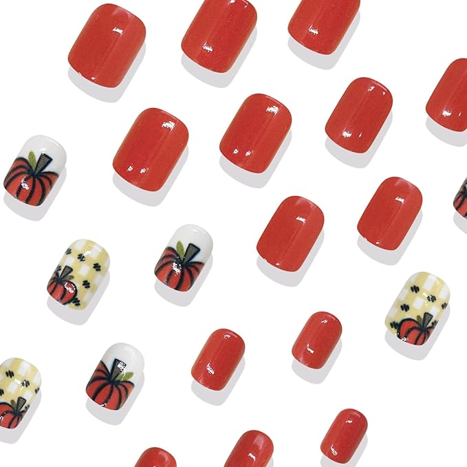 Pumpkin Checkered Press on Nails Short Square Thanksgiving Fake Nails Cute Acrylic Nails Fall Gel Glue on Nail Orange Glossy False Nail Autumn Stick on Fingernails for Women 24Pcs