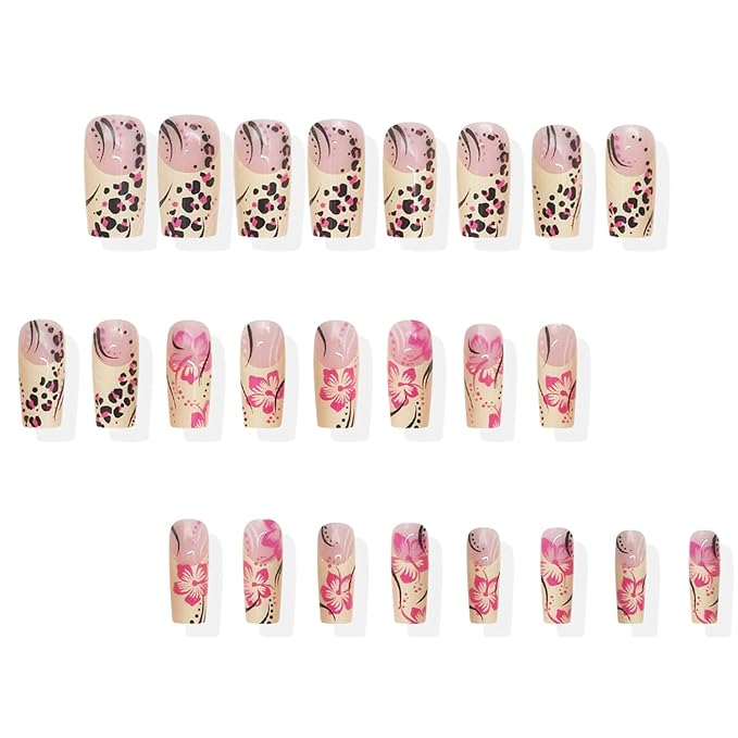 Fall French Tip Press on Nails Long Square False Nails With Pink Flower Design Full Cover Glue on Nail Reusable Withe French Tip Acrylic Fake Nails Glossy Artificial Stick on Nail for Women