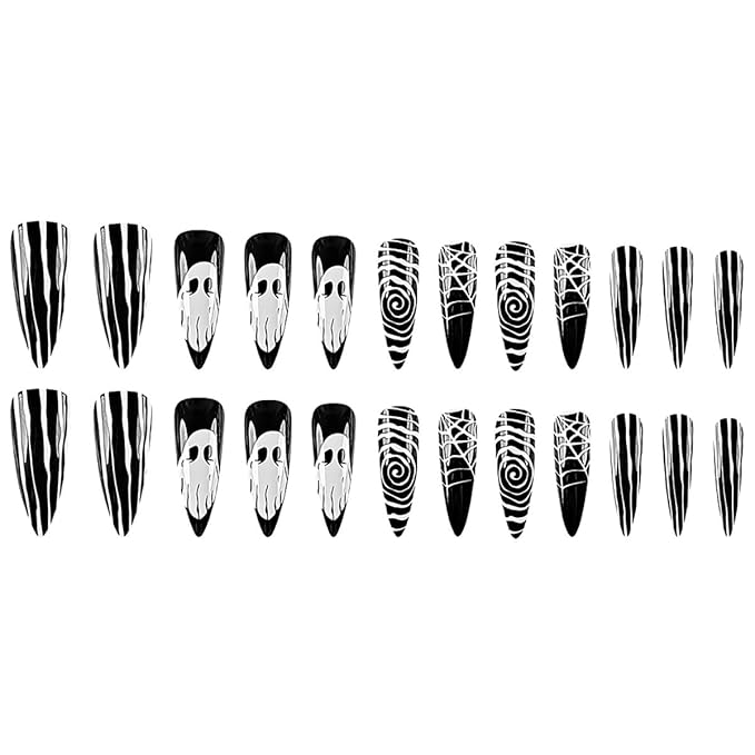 24Pcs Halloween Press on Medium Almond Goth Fake Nails White Ghost with Black Nails Full Cover Glue on Nail Reusable Spider Web False Nails Horror Stick on Nail for Women Acrylic Nail Decorations