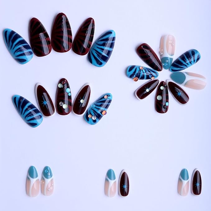 Long Almond Shape Press on Nails Shape Sparkly Fake Nails with Colorful Rhinestone Stick on Nail for Women 24pcs