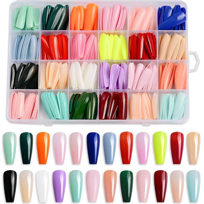 576Pcs Long Press on Nails Coffin Fake Nails Solid Color False Nails Full Cover Glossy Acrylic Glue on Nails Reusable Artificial Acrylic Stick on Nail for Women Manicure 24 Color