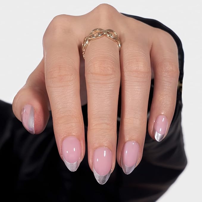 French Tip Press On Nails - BTArtbox Short Almond Fake Nails, Fit Perfectly & Natural Reusable Silver Outline Soft Gel Nails with Nail Glue and Jelly Glue in 16 Sizes, Rock Me