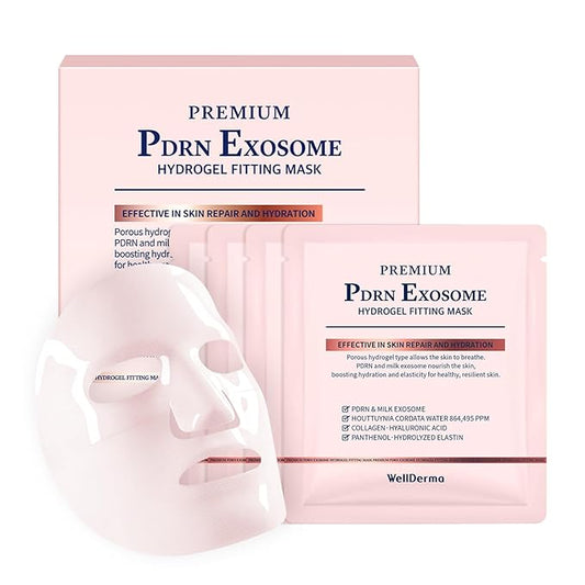 WELLDERMA PDRN Exosome Hydrogel Fitting Mask, 30g x 4 Sheets – Revitalizing & Hydrating Micro-Hole Sheet Mask with PDRN (Sodium DNA), Milk Exosome, Peptides & Hyaluronic Complex