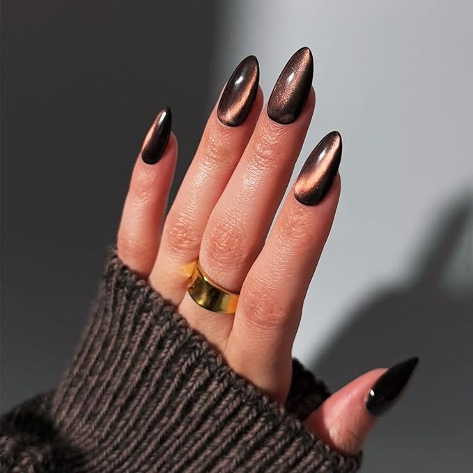 IMRAIN Cat's Eye Press on Nails Medium Almond Brown Fake Nails Brown Orange False Nails Full Cover Glossy Glue on Nails Stick on Acrylic Nails for Women Girls 24Pcs