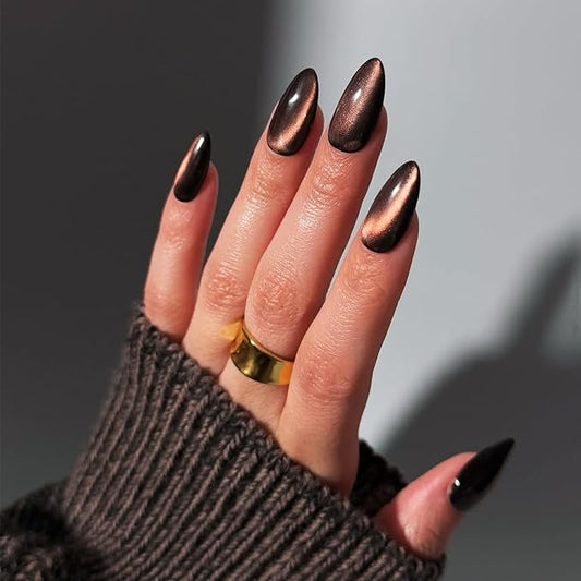 IMRAIN Cat's Eye Press on Nails Medium Almond Brown Fake Nails Brown Orange False Nails Full Cover Glossy Glue on Nails Stick on Acrylic Nails for Women Girls 24Pcs