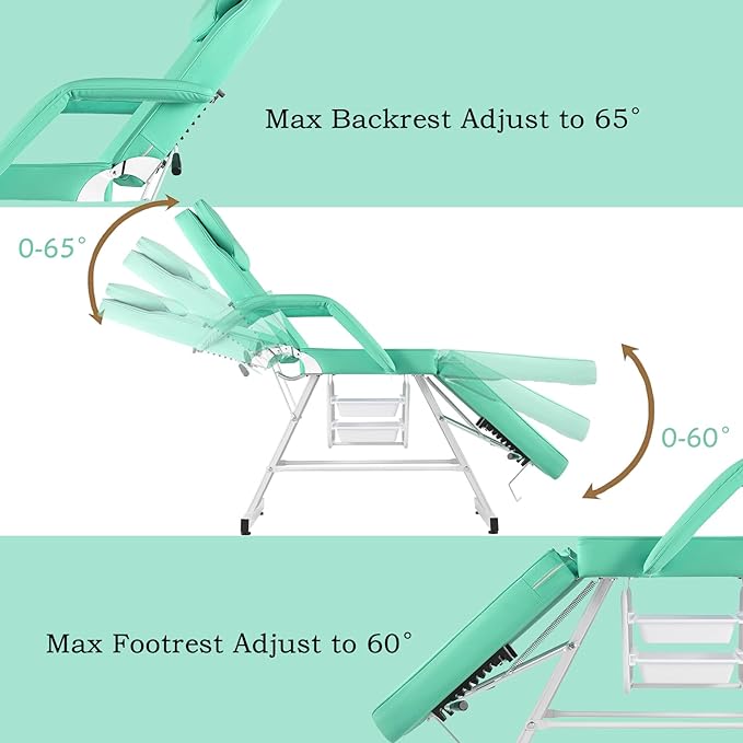 Massage Spa Bed Facial Chair Table Tattoo Chair 73in 3-Section Multipurpose Massage Bed Professional Facial Chair Tattoo Table Beauty Spa Salon Equipment Light Green