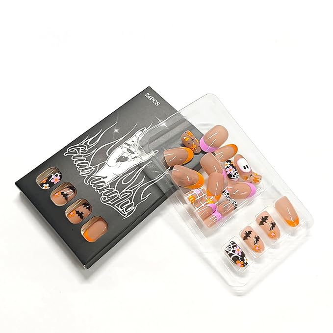 24Pcs French Tip Press on Nails Medium Almond Nails Halloween Fake Nails with Designs Reusable Pumpkin Stick on Nails Spider Web False Nails Ghost Acrylic Nails Cute Flower Glue on Nails for Women